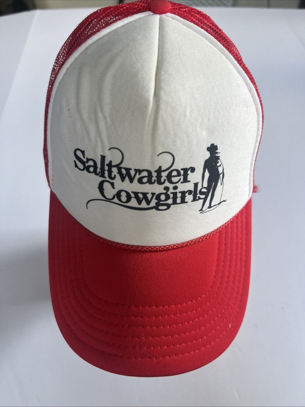 red and white foam trucker hat from Saltwater Cowgirls